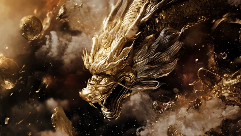 Gilded dragon rendered with high-detail metallic shaders in smoky void