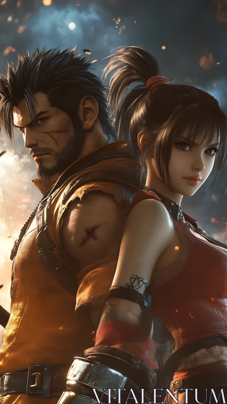 Digital painting of heroic warrior duo in back-to-back stance.