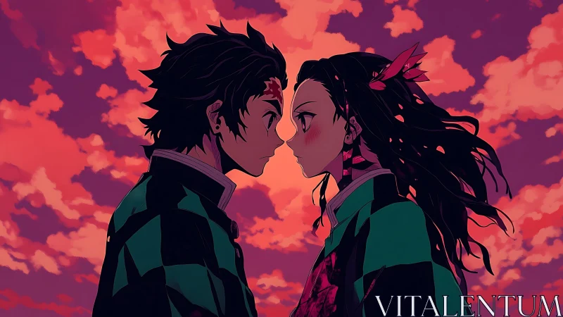 Opposing anime silhouettes lock gazes under saturated magenta sunset