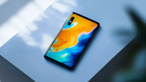 Modern Smartphone with Vibrant Abstract Fluid Display.