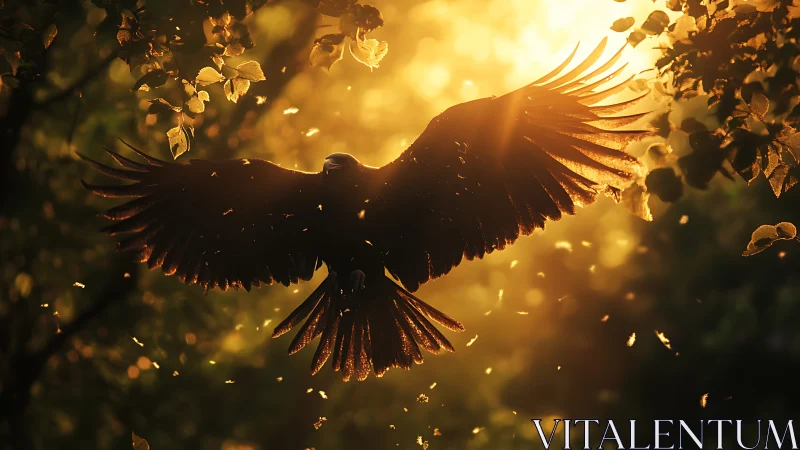 Backlit crow silhouette soaring through golden forest light.