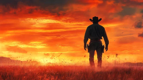 Silhouetted cowboy stands in grassland beneath orange sky
