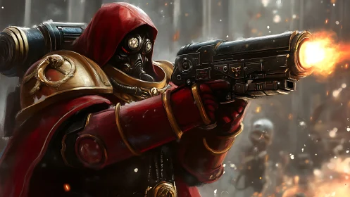 Armored sci fi warrior unleashes blazing firepower in battle