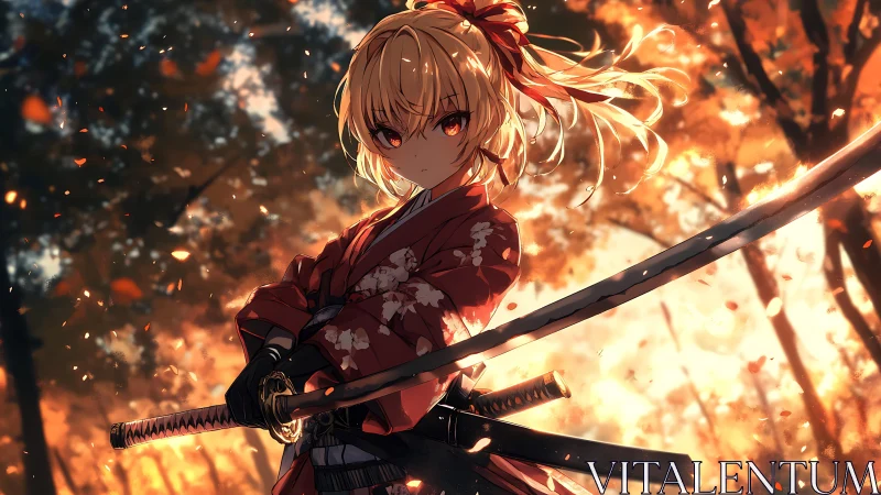 Blonde anime swordswoman in red kimono amid autumn light.