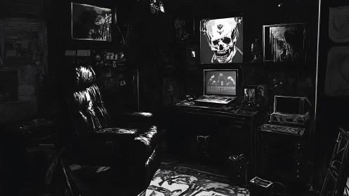 Midnight hacker&rsquo;s lair glows beneath a grinning digital skull.