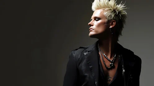 Blond spiky haired man in black jacket, side profile.