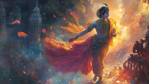 Divine dancer glides through luminous celestial petals
