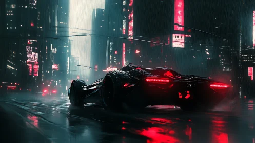 Futuristic hypercar slices through neon rain-soaked megacity.