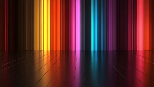 Glowing color stripes pour down into a sleek reflective floor