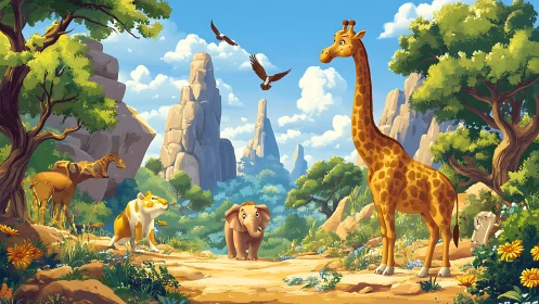 Sunlit savanna friends gather beneath storybook cliffs.
