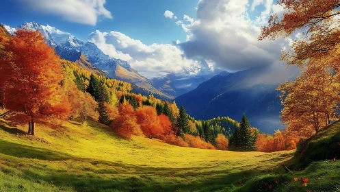 Autumn valley opens toward snowcapped alpine mountains bathed in light.