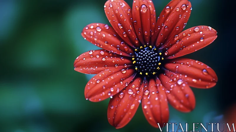 Red daisy-type flower with water droplets on petals.