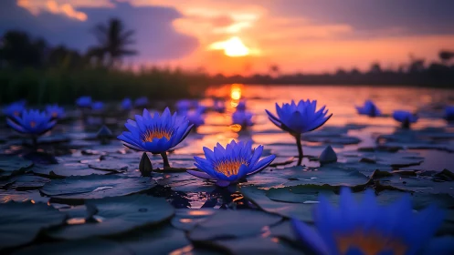 Blue water lilies on lake under vivid orange sunset glow.
