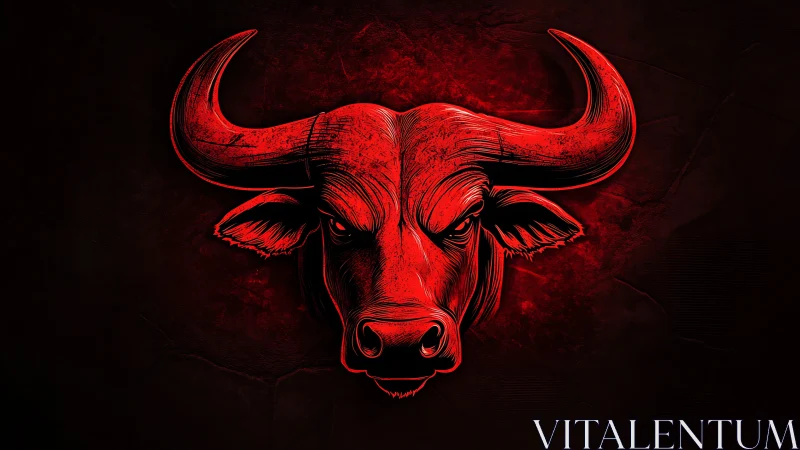 Red engraved bull head over dark textured crimson field.