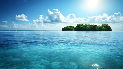 Isolated tropical island with forested canopy in clear ocean water.