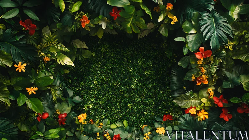 Lush tropical foliage encircles a vibrant emerald clearing.