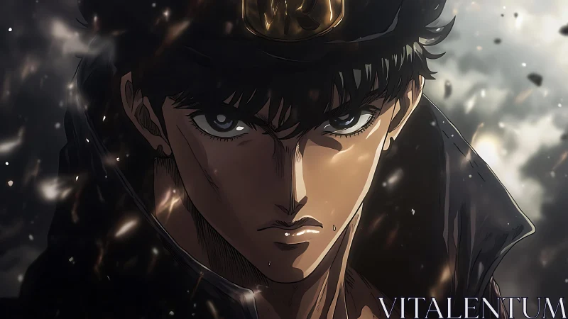 Intense anime hero portrait under drifting embers.