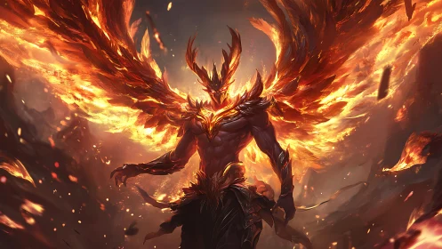 Flame‑winged guardian rising from molten twilight skies.