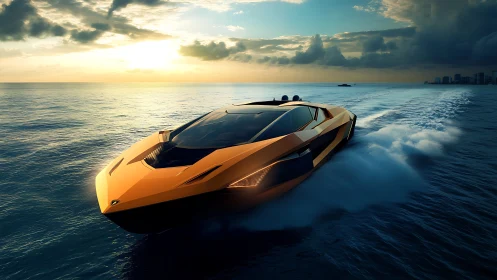 Sunlit hyper-speed powerboat slicing waves at dusk.