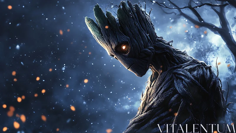 Forest sentinel leans into the starlit embers of winter night