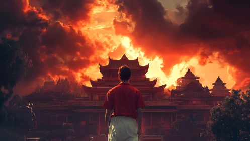 Person faces ornate temple complex under intense fiery sky