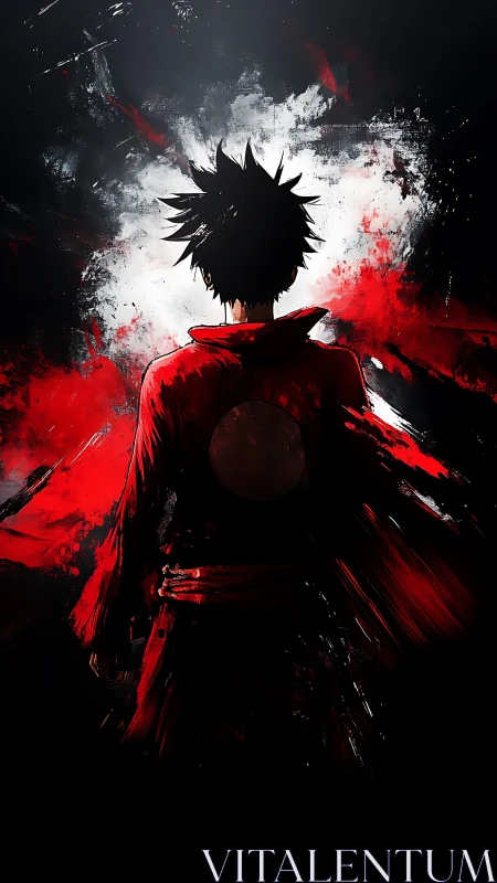 Backlit anime warrior silhouette in red and black paint storm