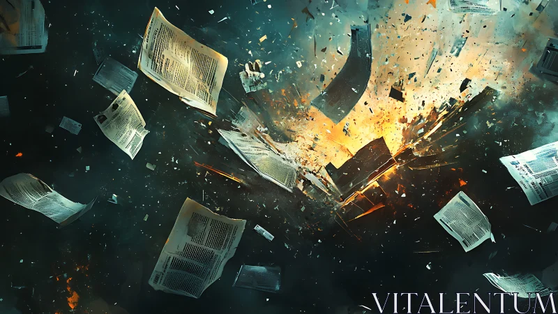 Digital painting of explosive data fragments and flying papers.