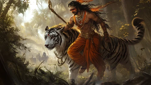 Jungle warlord astride a white tiger in stormlit foliage.