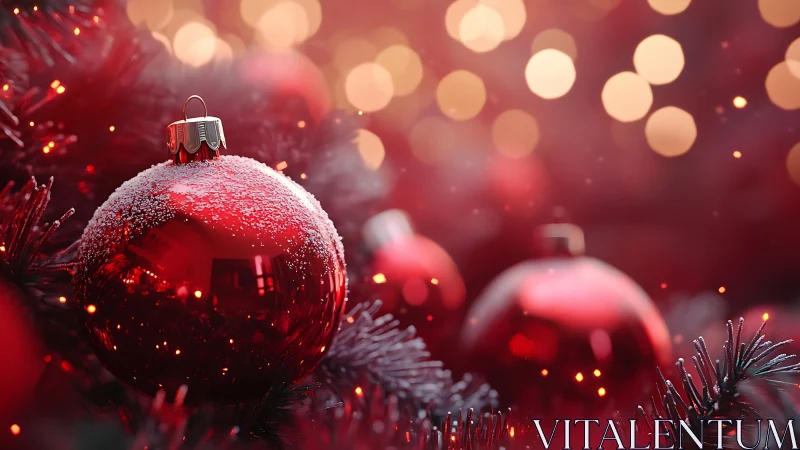 Red ornament hangs on branch with shallow depth of field