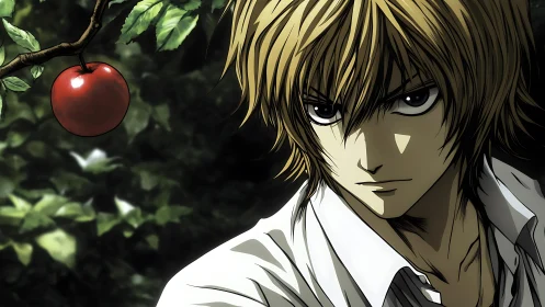 Intense blond anime youth under foliage beside single red apple