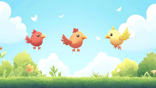 Cartoon birds hover above stylized meadow under bright sky