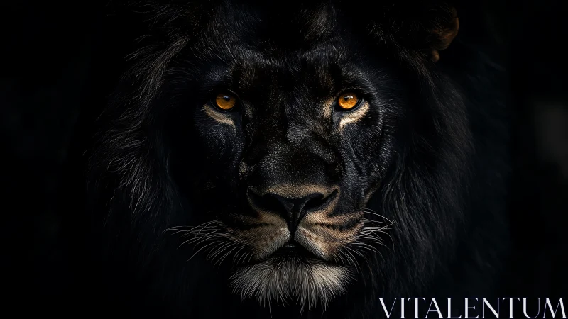 Low key optical portrait of dark-maned lion in frontal view.