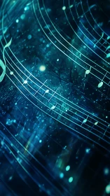Glowing blue musical staff over abstract cosmic background.