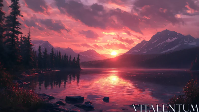 Sunset stitches pink fire across the quiet mountain lake