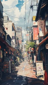 Narrow urban street with shops and overhead utility wires