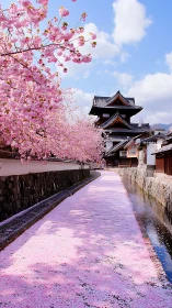 Cherry blossoms line stone canal beside traditional Japanese tower