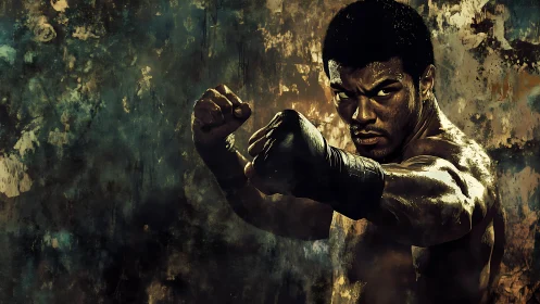 Dynamic boxing portrait with cinematic chiaroscuro lighting.