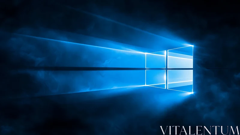 Glowing blue window logo on dark smoky digital background.