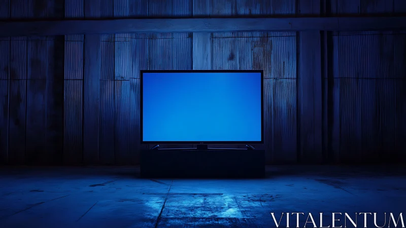 Flat screen monitor with blue display in dim warehouse.