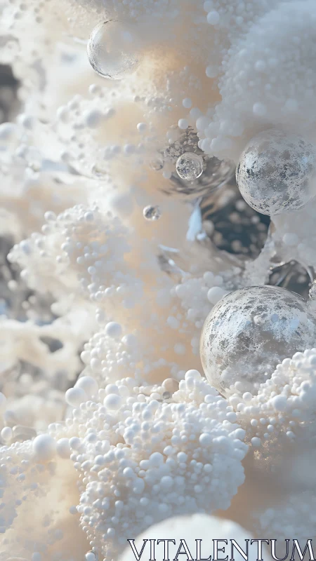 Abstract pearlescent spheres amid soft micro bubble clusters.