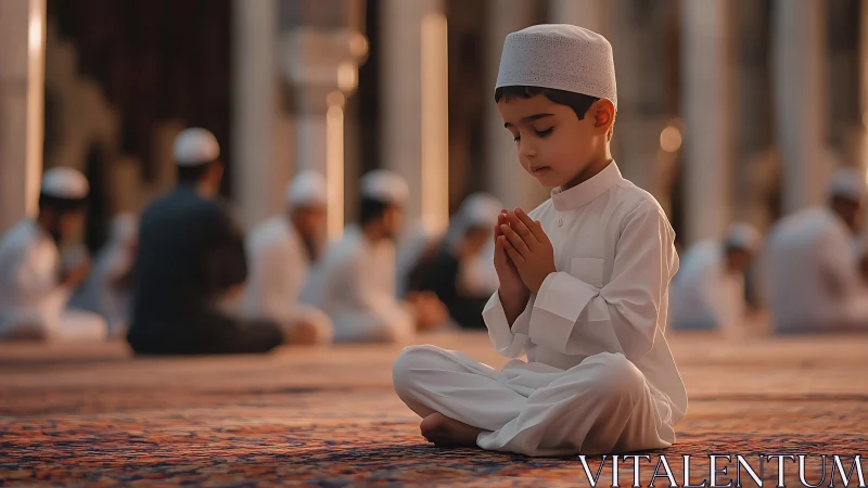 Quiet-hearted boy folds evening light into gentle prayer