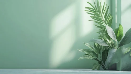 Soft mint wall and lush indoor leaves catch gentle light.