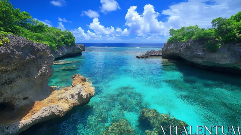 Coastal inlet with clear turquoise water and rocky cliffs.