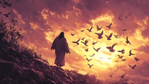 Sunset walk with birds swirling through golden sky.