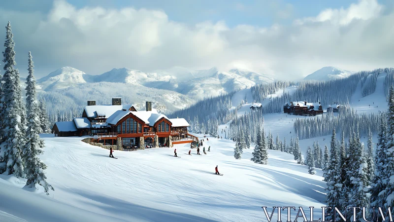 Skiers move across groomed slopes beside a large mountain lodge