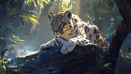 Snow Leopard's Golden Vigil: Dappled Forest Sanctuary.