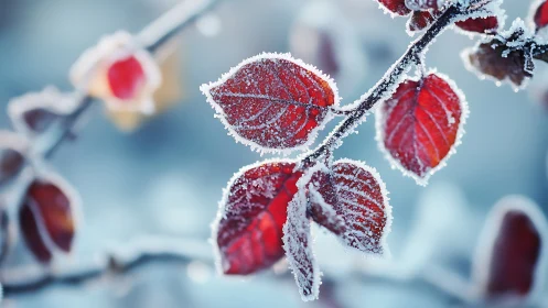 Frosted red leaves catch winter light on blurred blue background