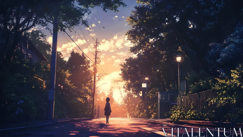 Sunlit hillside street with solitary child in soft glow.