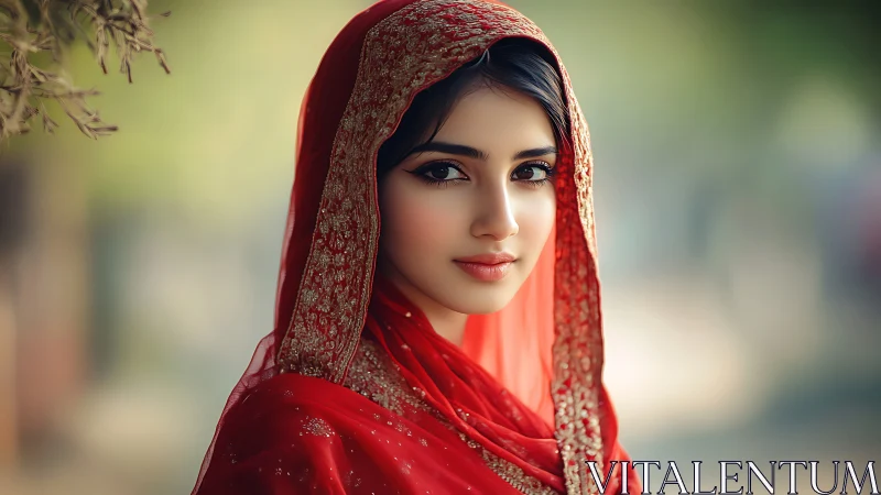 Portrait of a young woman in red traditional attire, soft focus style.