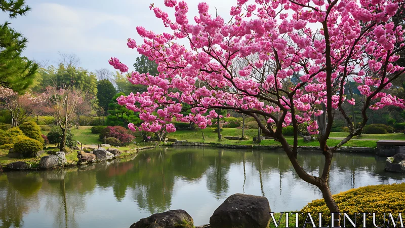 Sakura canopy over reflective pond in manicured spring garden.